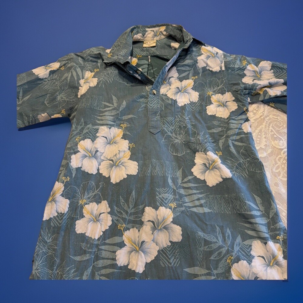 Go Barefoot Hawaiian 1/4 button Shirt Teal & White Size XS Surfs Up!